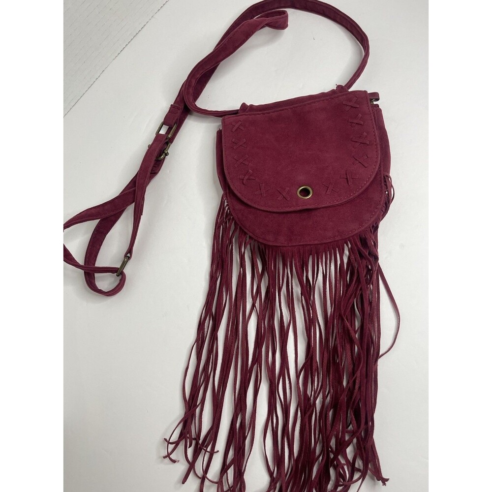 Claire's Red Wine Brick Red Suede Like Fringe Crossbody Mini Purse Bag